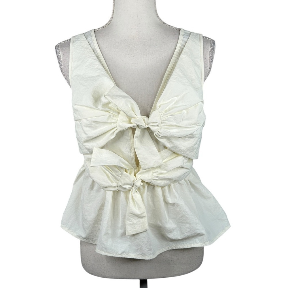 SHEIN‎ Off White Sleeveless Front Bow Cut Out Peplum Summer Boho Top Size Small